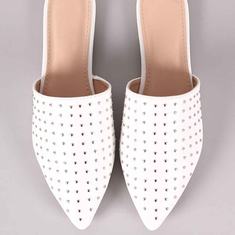 Studded Vegan Leather Pointy Toe Mule Flats white - Picture 5 of 6